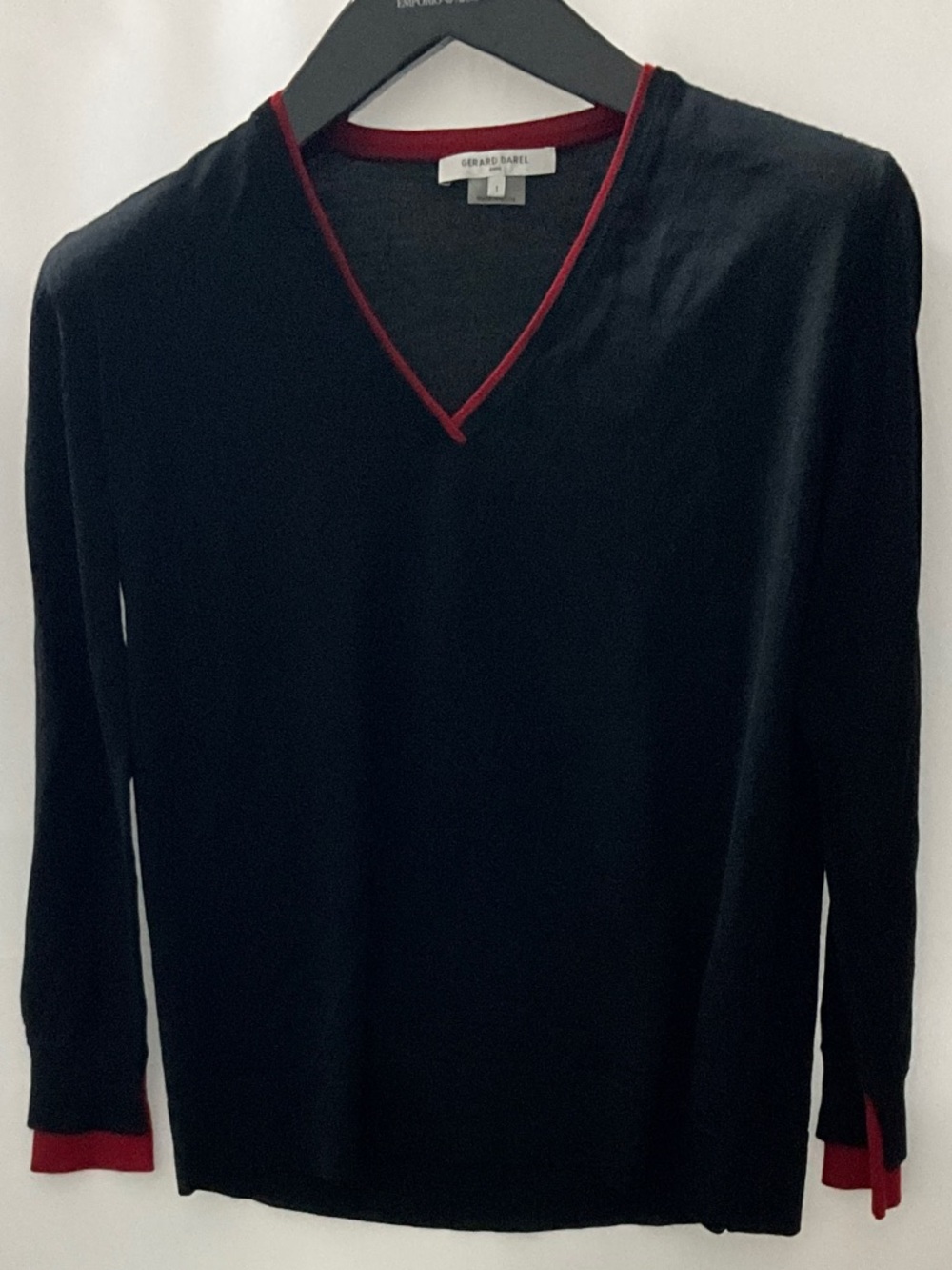 Gerard Darel Black V-Neck Sweater with Red Trim